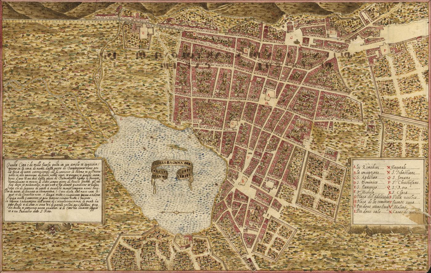 Leonardo Torriani's plan of La Laguna (c. 1588). North is to the left; the lagoon is the pale area on the left