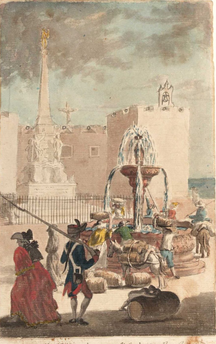 The main square in December 1774: the fountain, the castle and people filling barrels with water